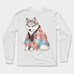 Watercolor Siberian Husky Dog in Kimono Long Sleeve T-Shirt